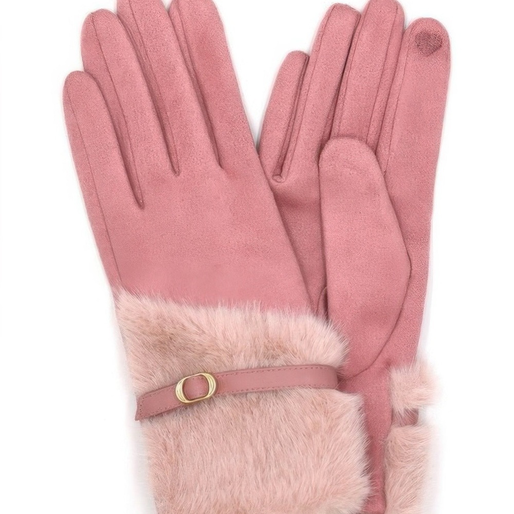 Faux Fur And Strap Cuff Smart Touch Gloves